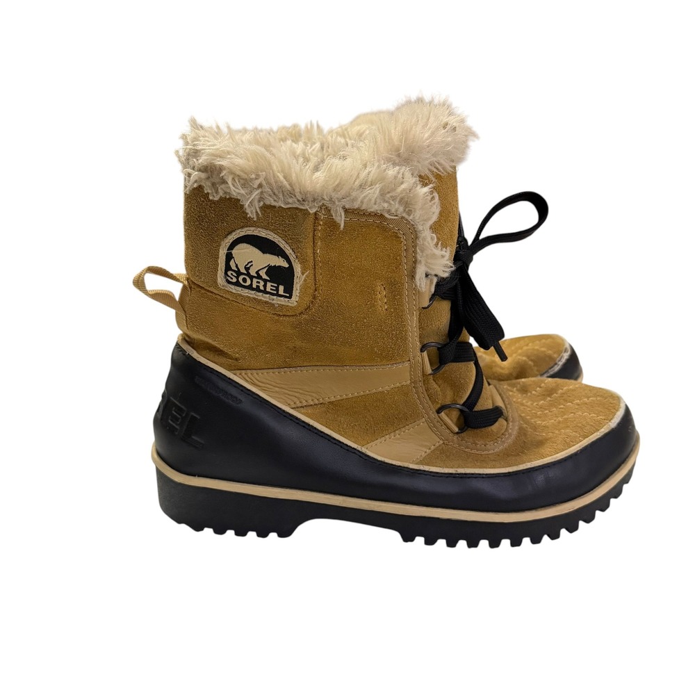 Sorel Tivoli II Tan Black Waterproof Suede‎ Faux Fur Winter Boots NL2089-373 8.5